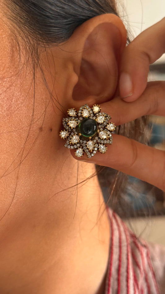 Emerald doublet moissanite victorian floral studs