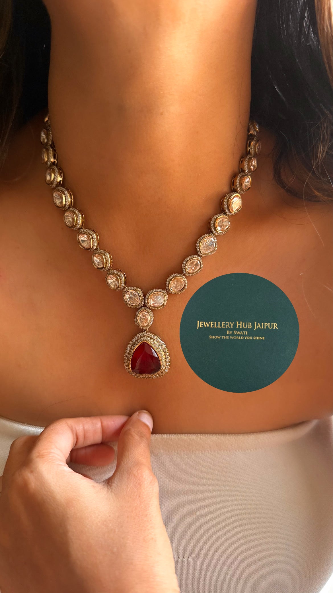 Ruby doublet & moissanite uncut polki collar set