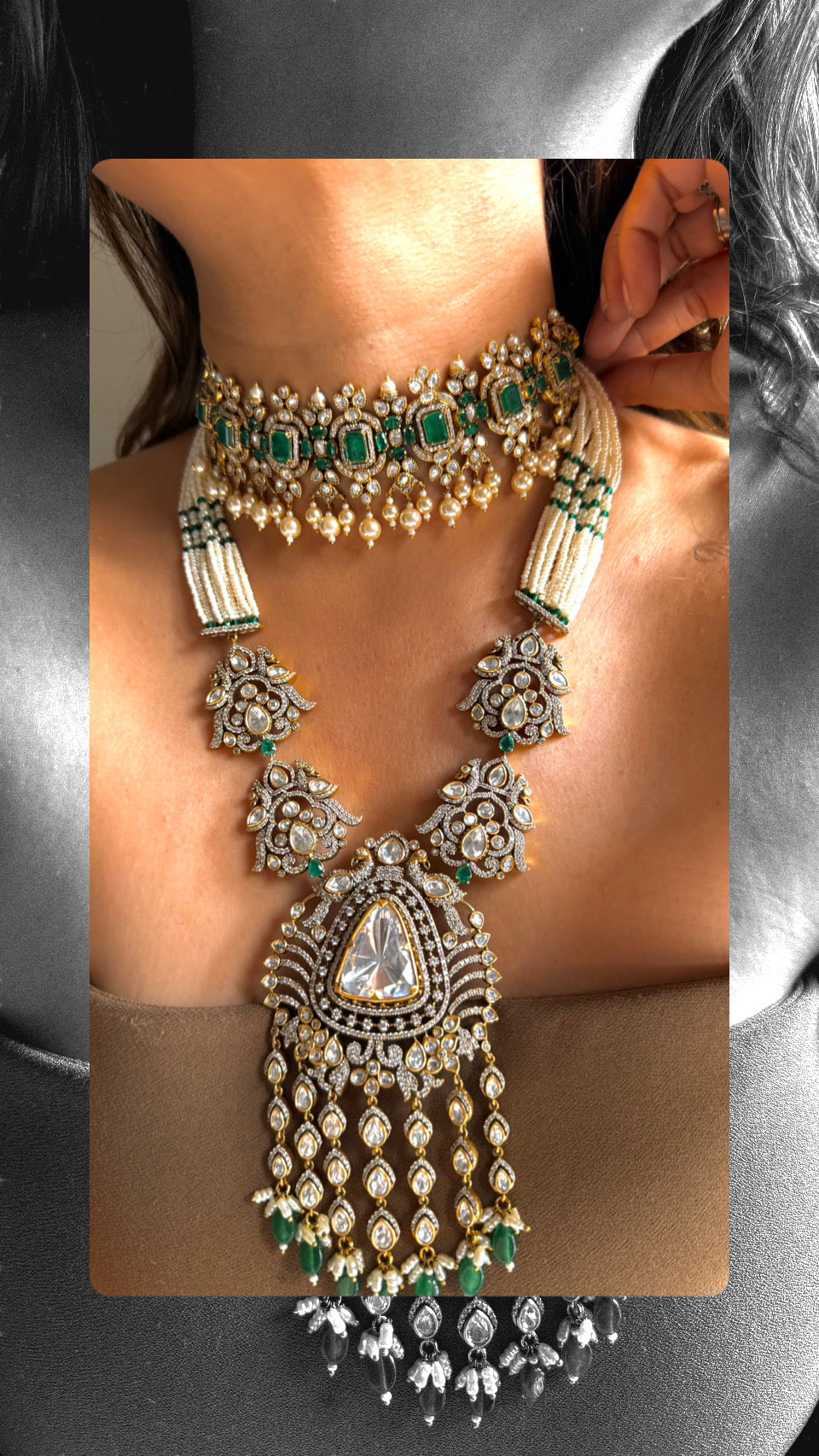 Emerald long uncut polki necklace & choker combo