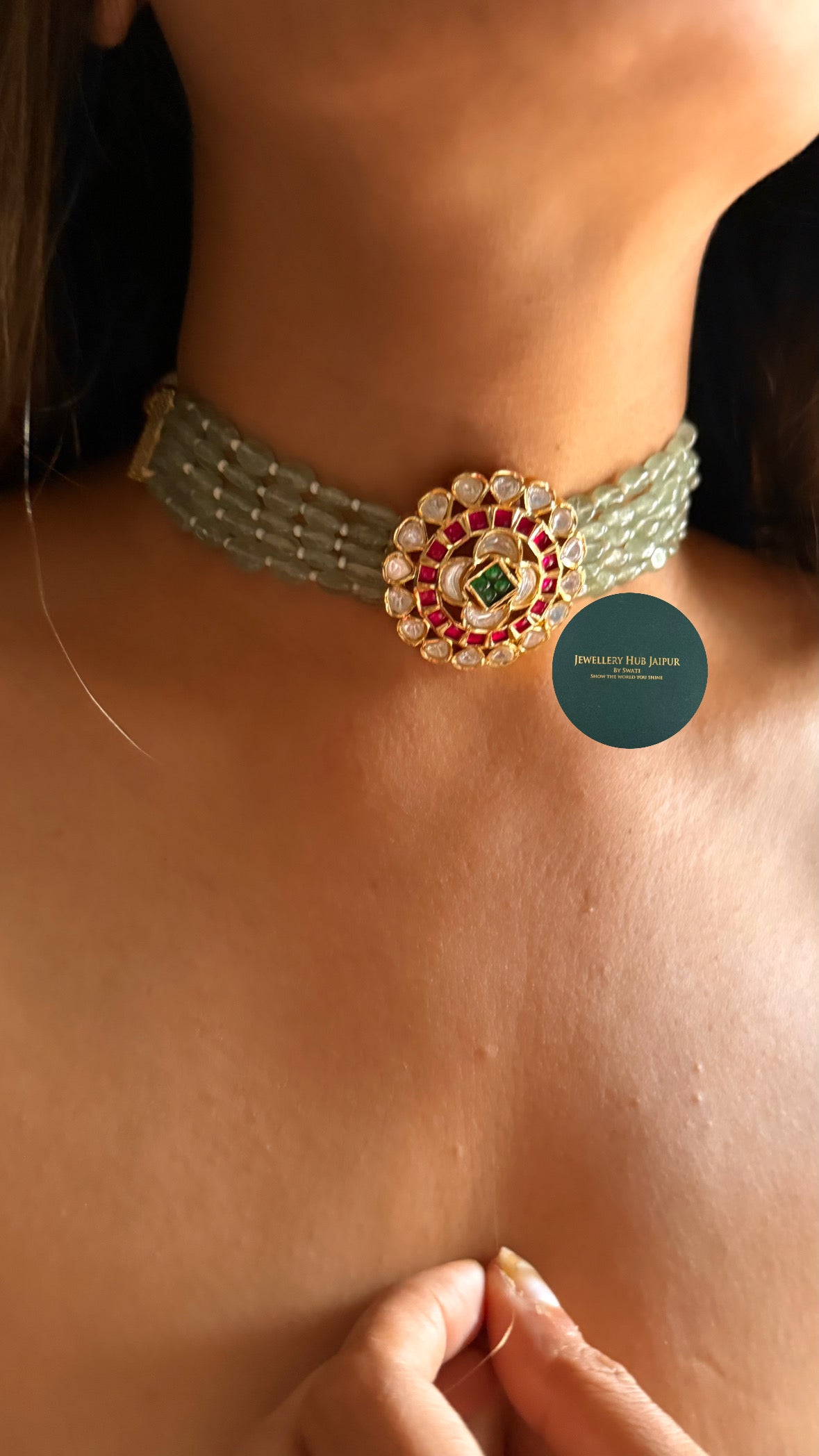 Real Moissanite Emerald & rani pink mint thread choker set