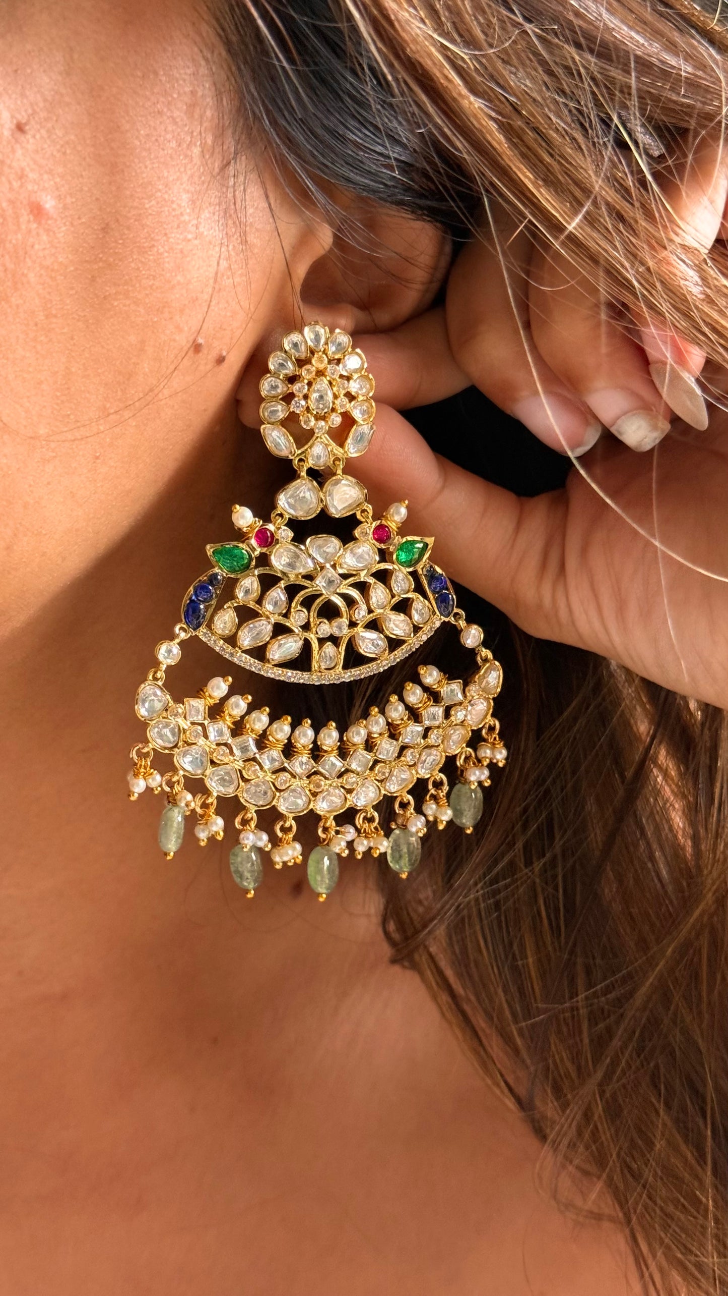 Designer peacock inspired real Moissanite polki danglers
