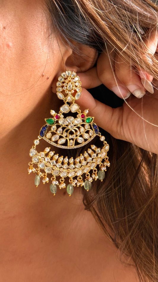 Designer peacock inspired real Moissanite polki danglers