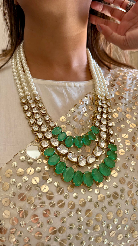 Mint three layered moissanite polki thread maharani haar