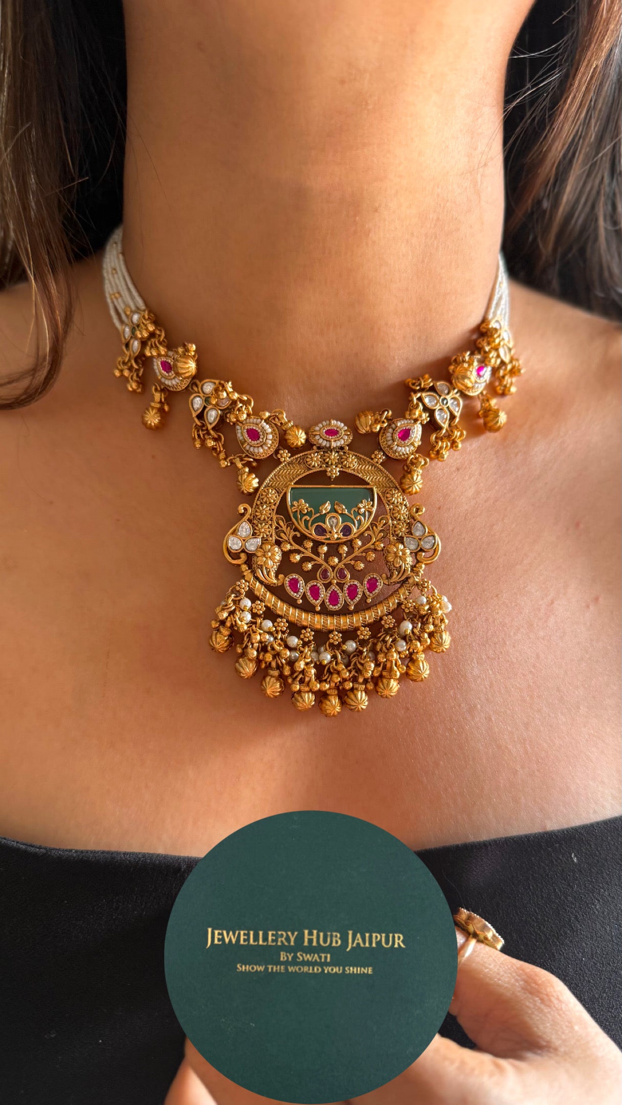 Mint inlay floral heritage rajwada necklace