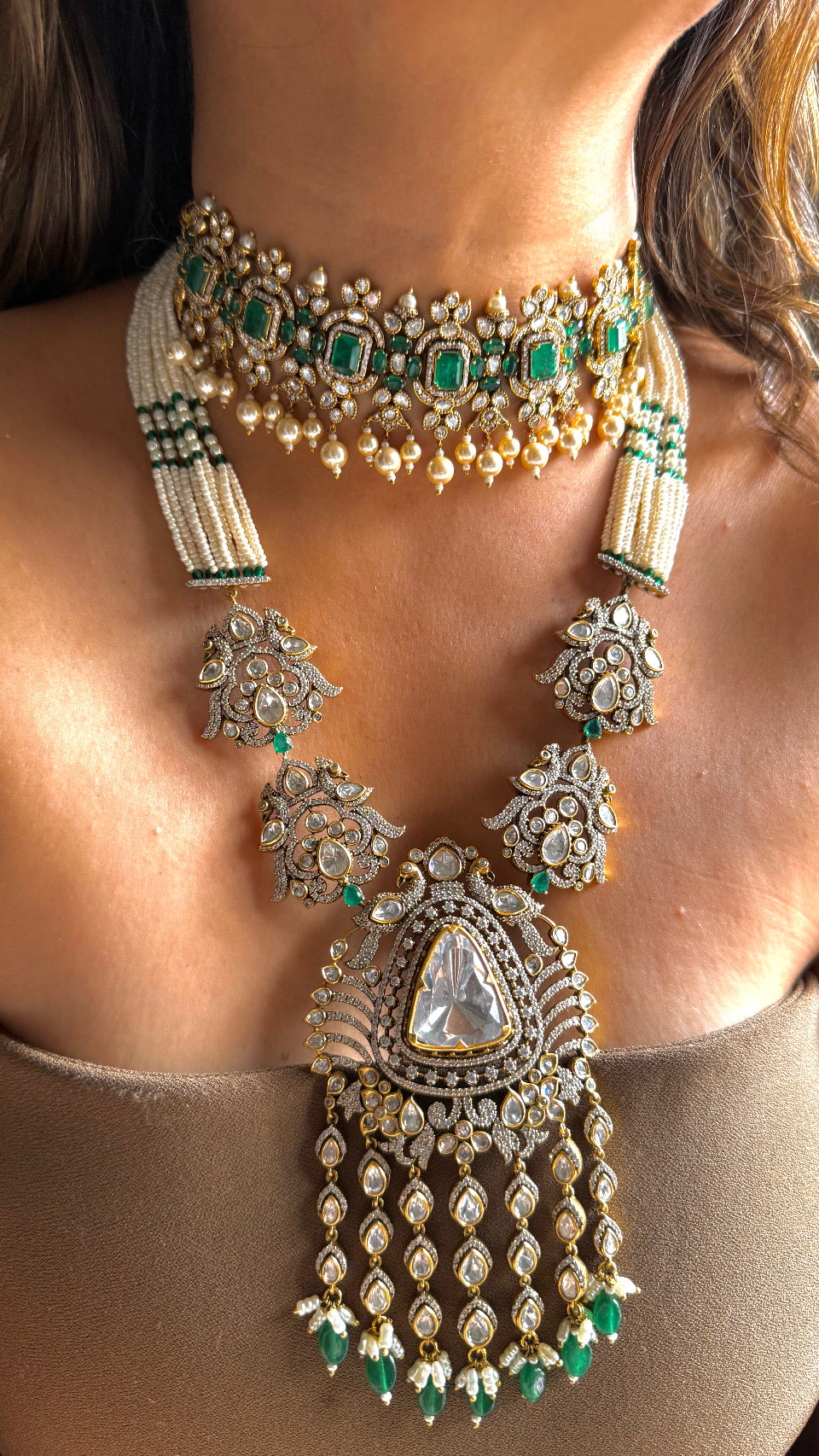 Emerald long uncut polki necklace & choker combo