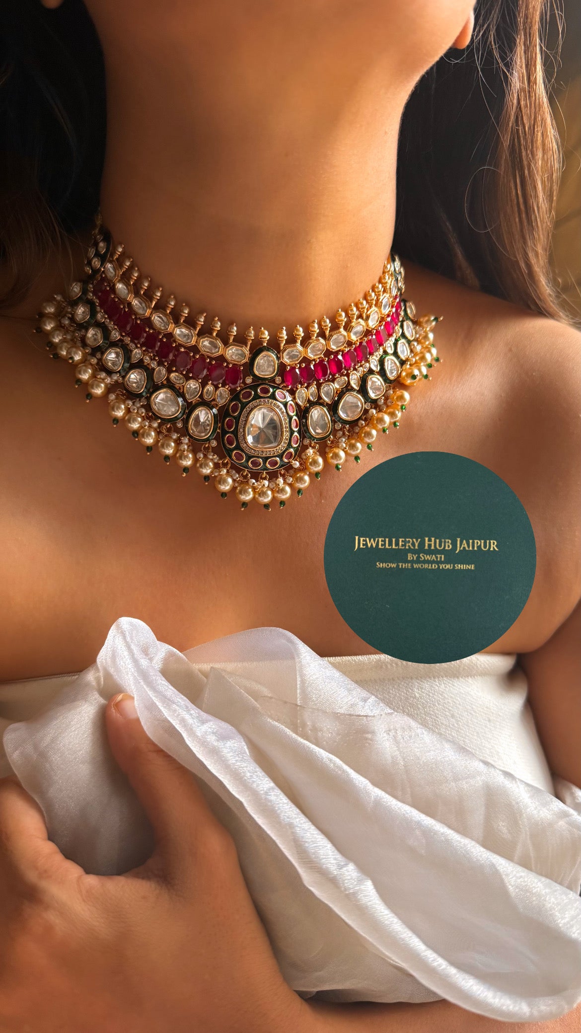 Emerald meenakari & rani pink doublet bombay polki with pearl drop choker set