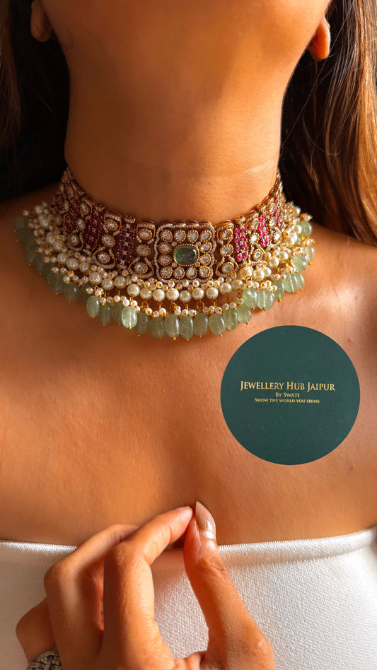 Mint doublet & rani pink moissanite choker set