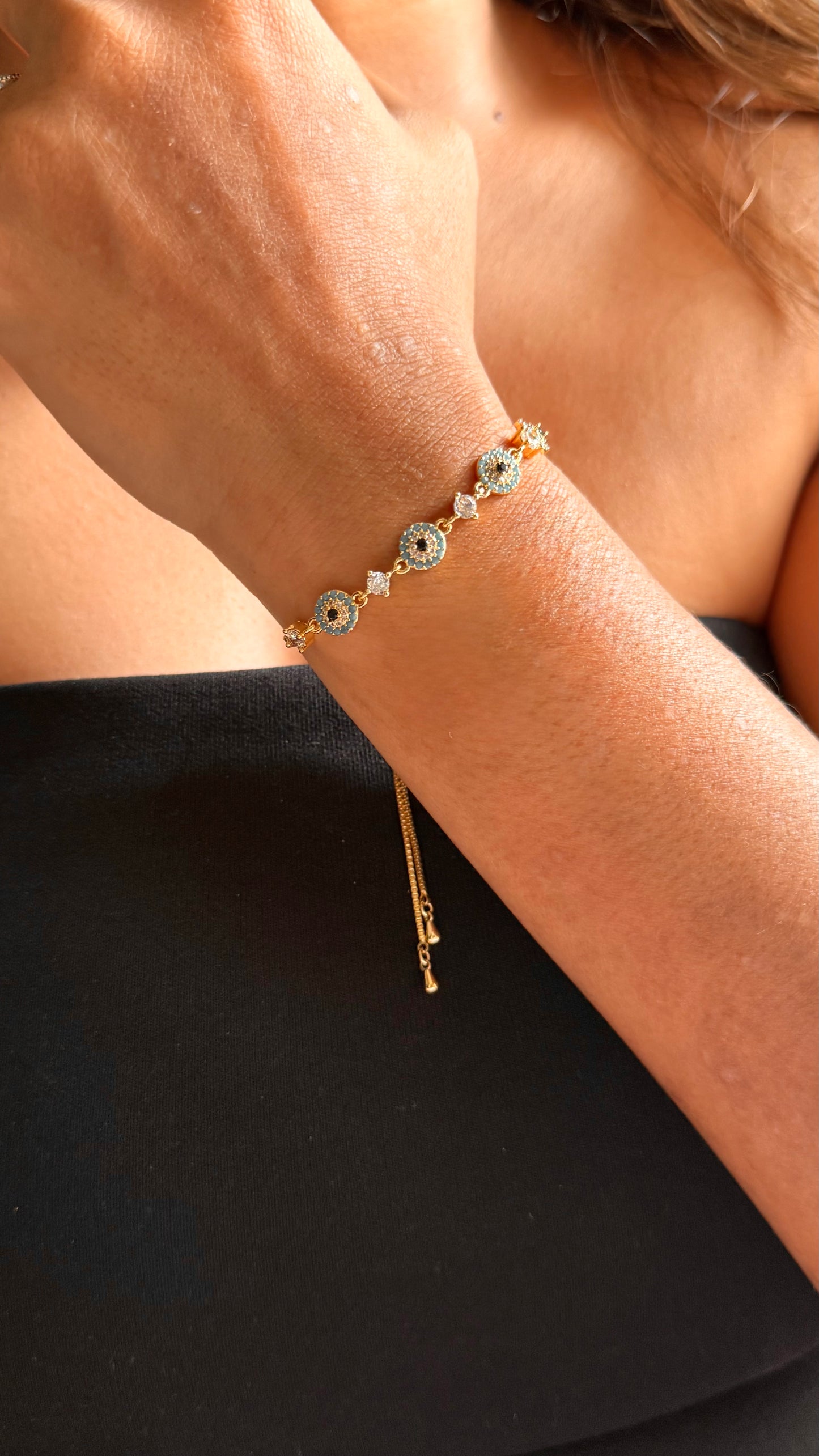 Delicate Turquoise and Crystal Evil Eye Bracelet
