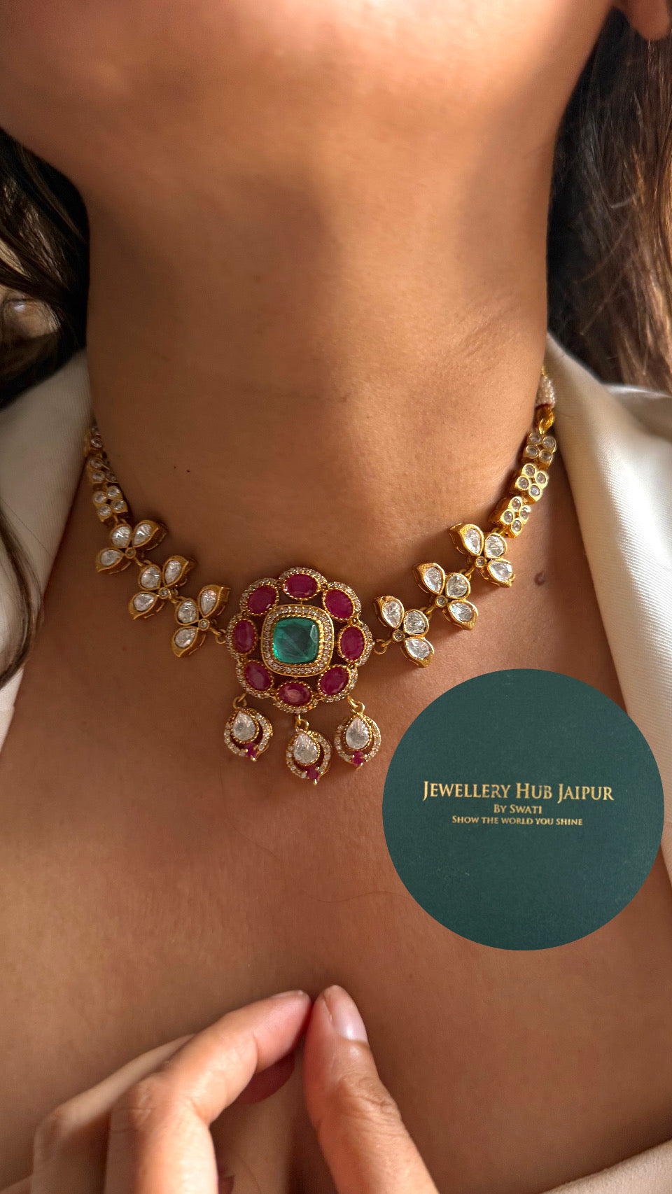Floral designer mint & ruby statement necklace