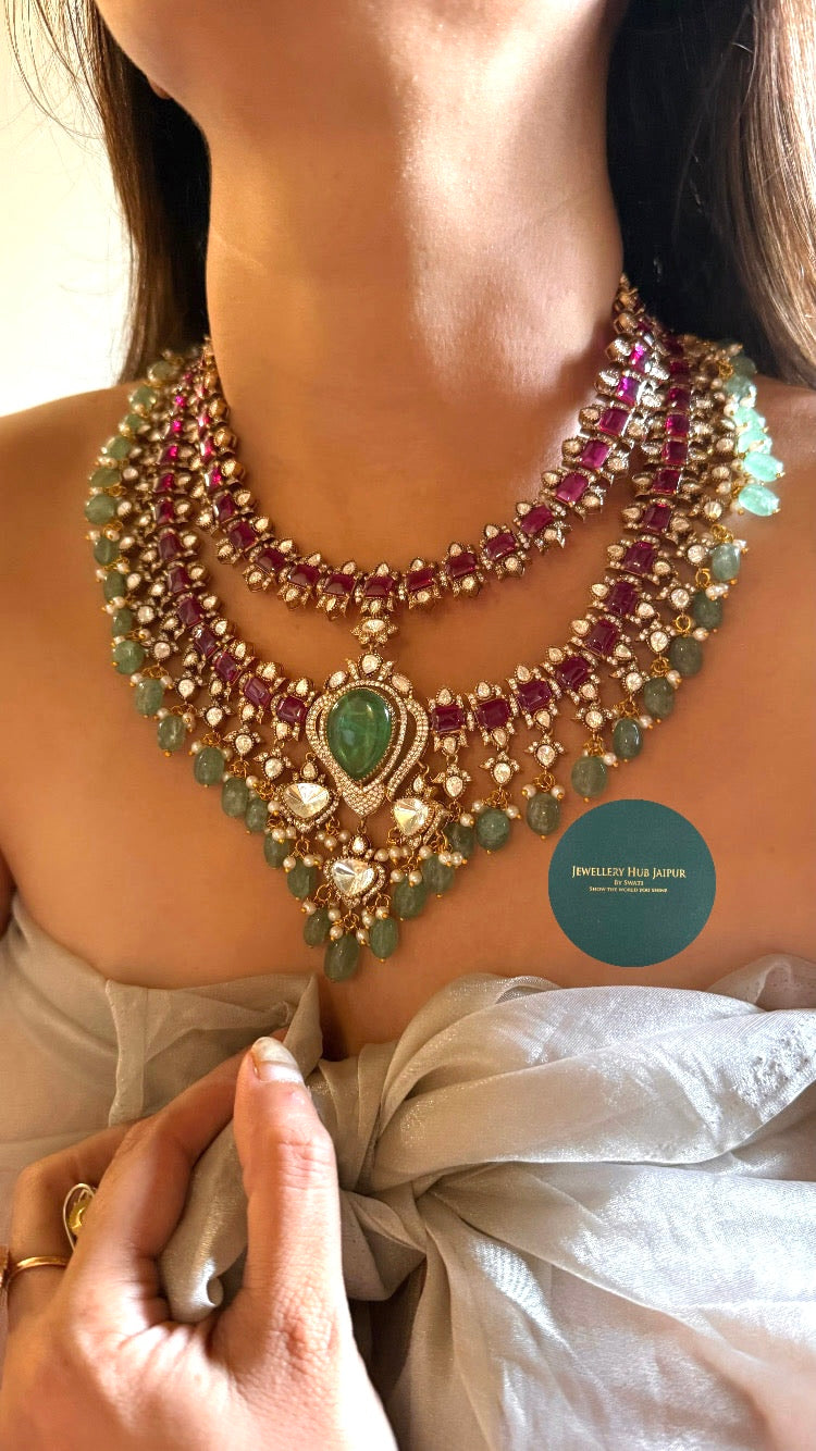 Emerald doublet and Rani pink double layer collar set