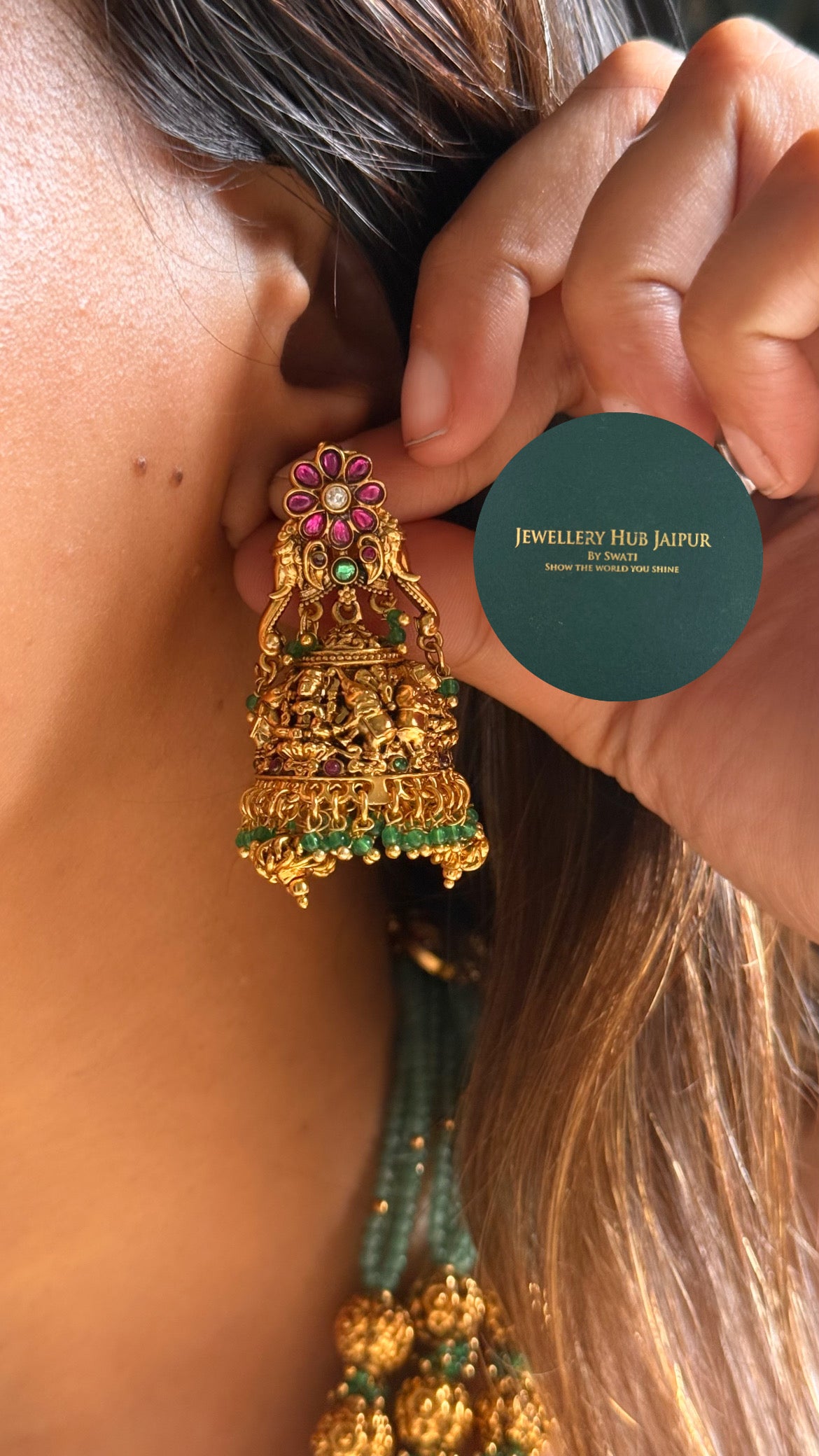 Goddess laxmi emerald & golden & mint string temple long set