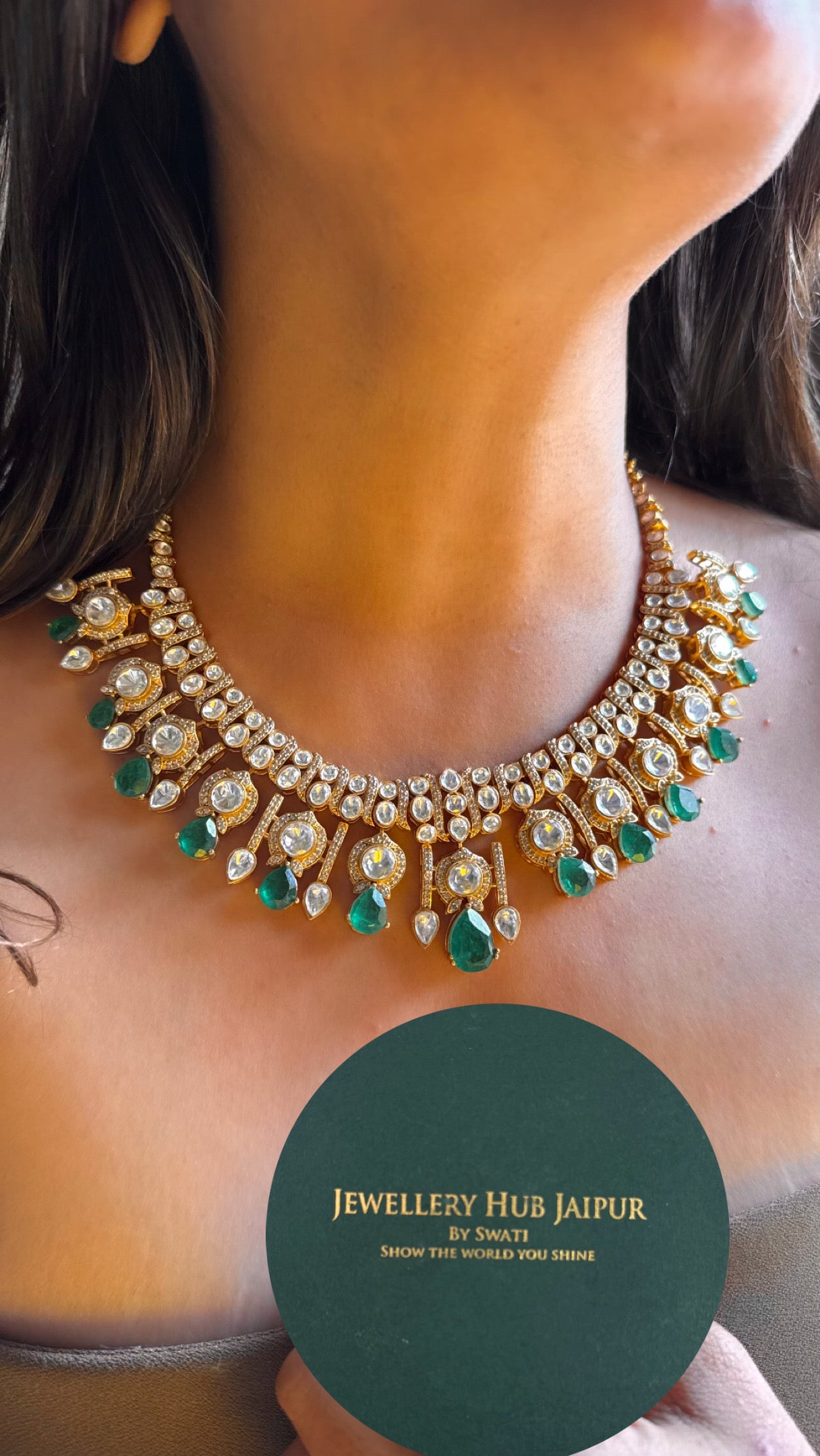 Real Moissanite  with emerald doublet stone collar Necklace