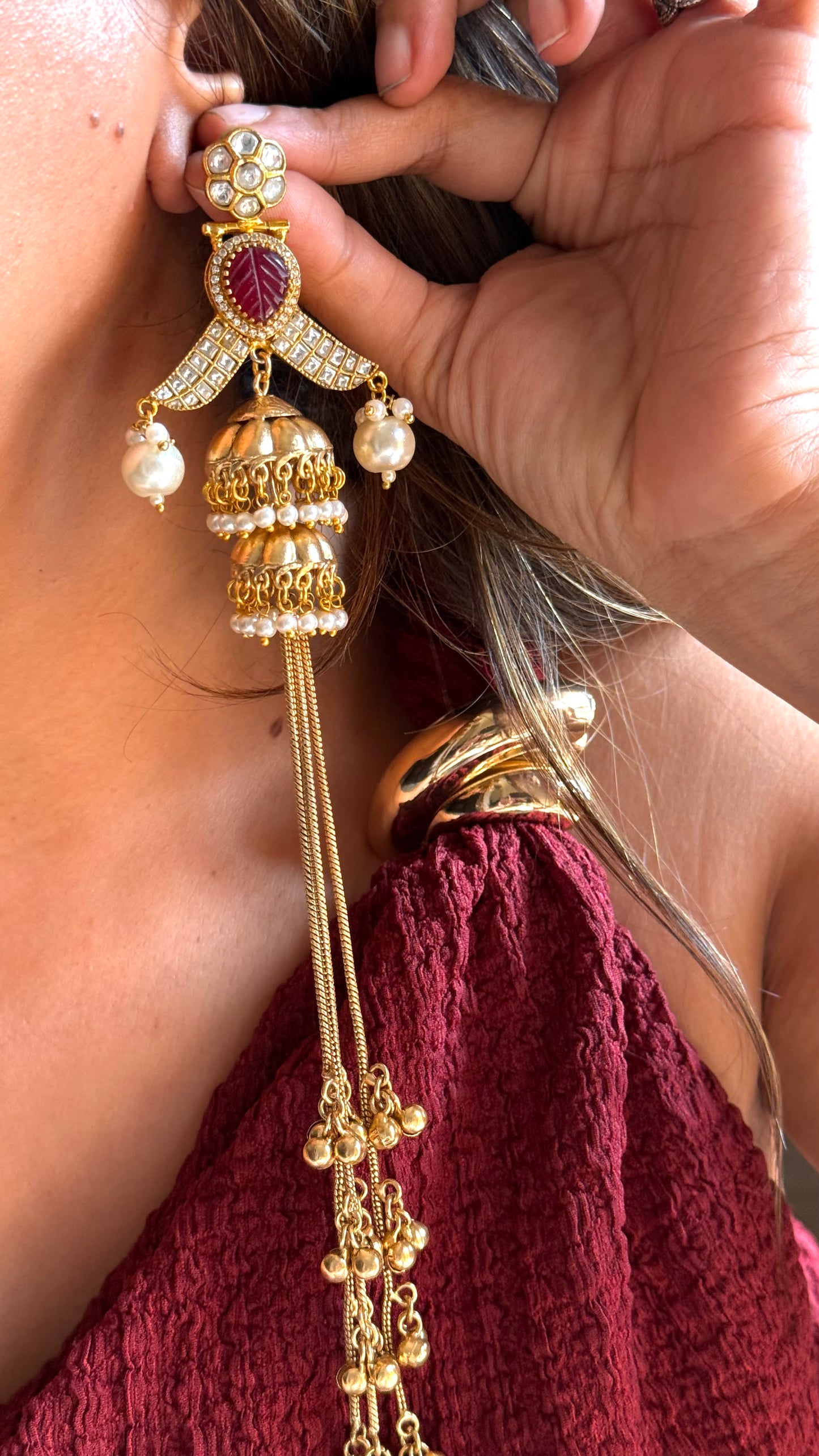 Amrapali inspired ruby long dangler jhumki
