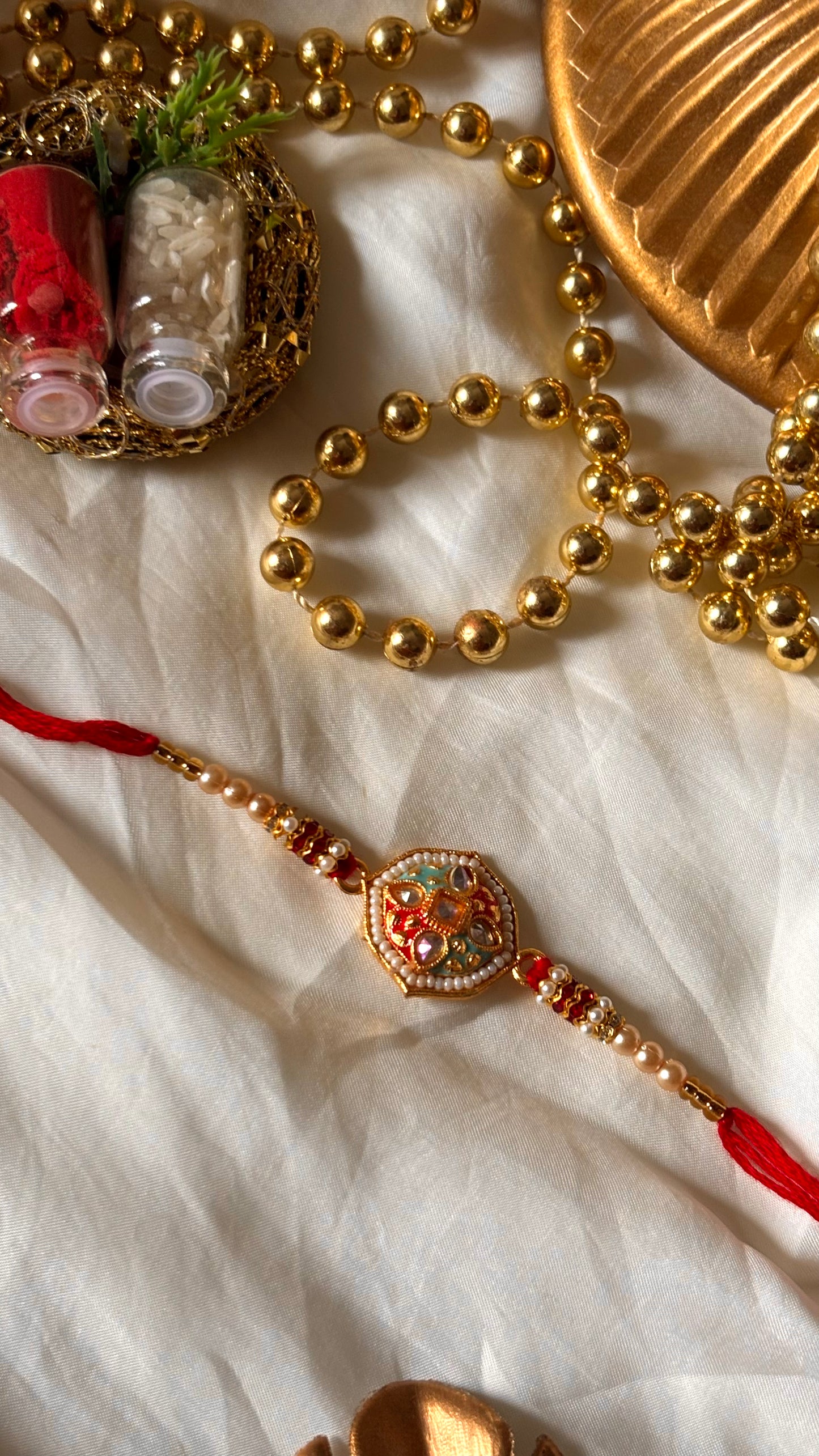 Red & firoza meenakari Kundan designer Rakhi ( shipping will be extra )