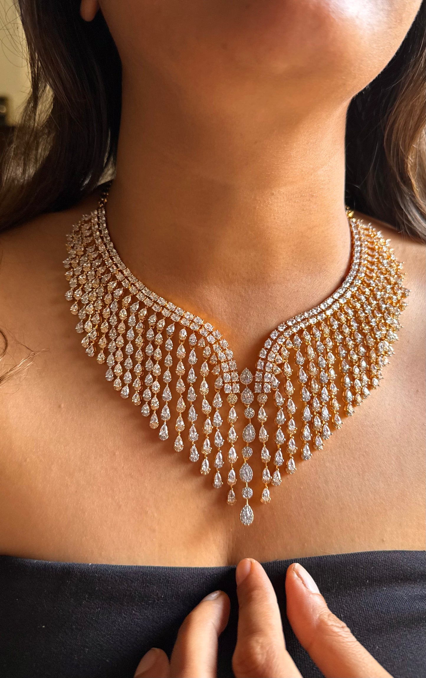 Cz diamond doublets gold polish designer collar necklace