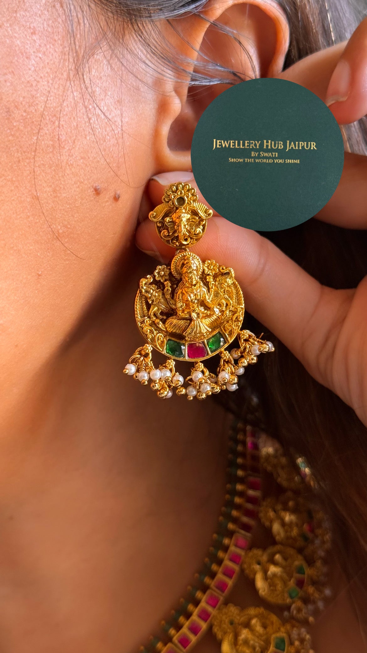Goddess laxmi & rani pink, emerald with pearl drops temple collar set