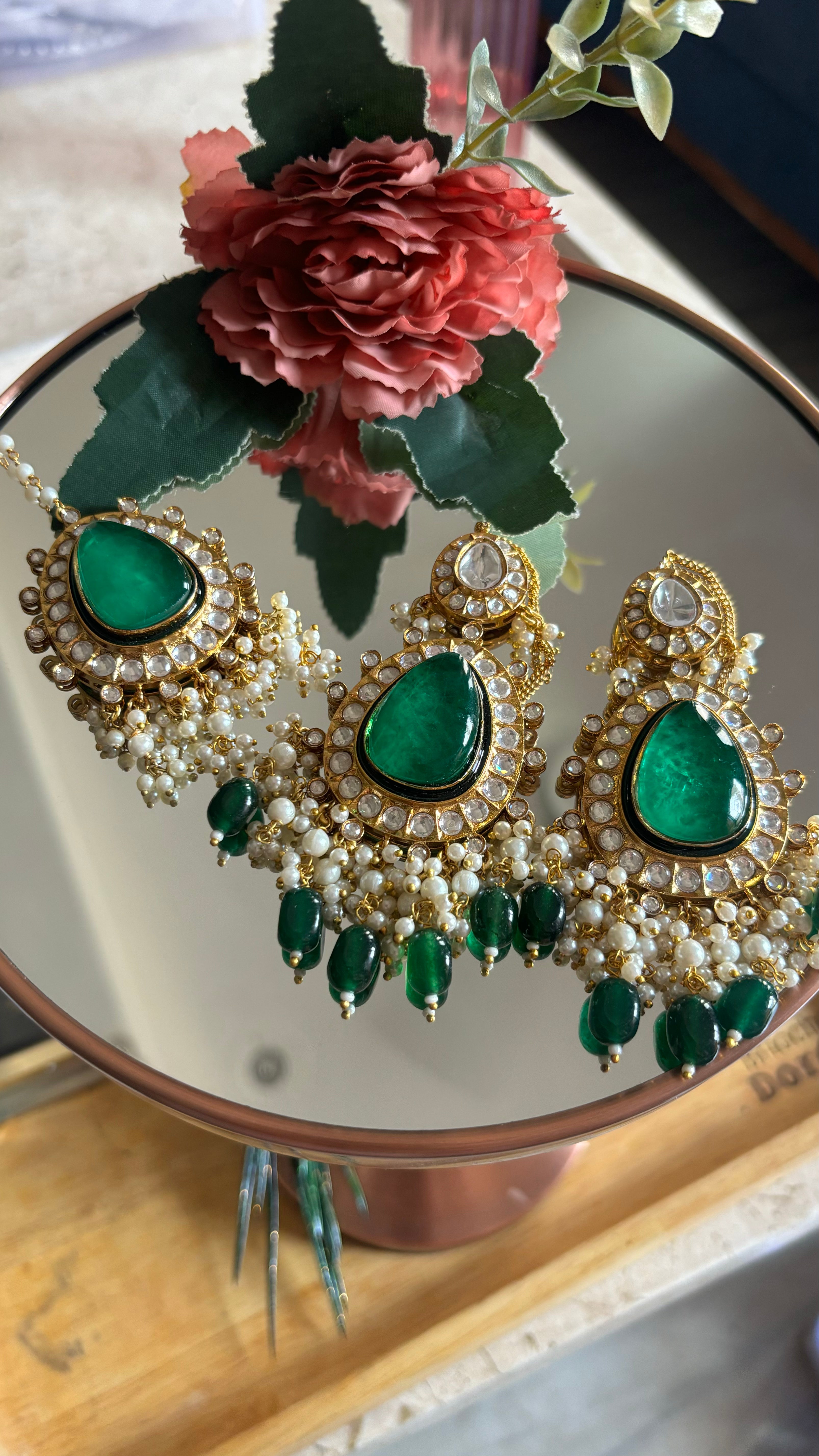 Emerald doublet meenakari earrings and maangtika