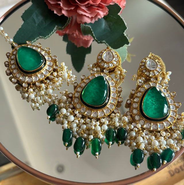 Emerald doublet meenakari earrings and maangtika