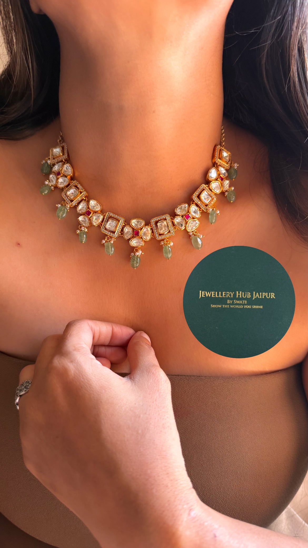 Real moissanite rani pink & emerald floral with mint drop collar set