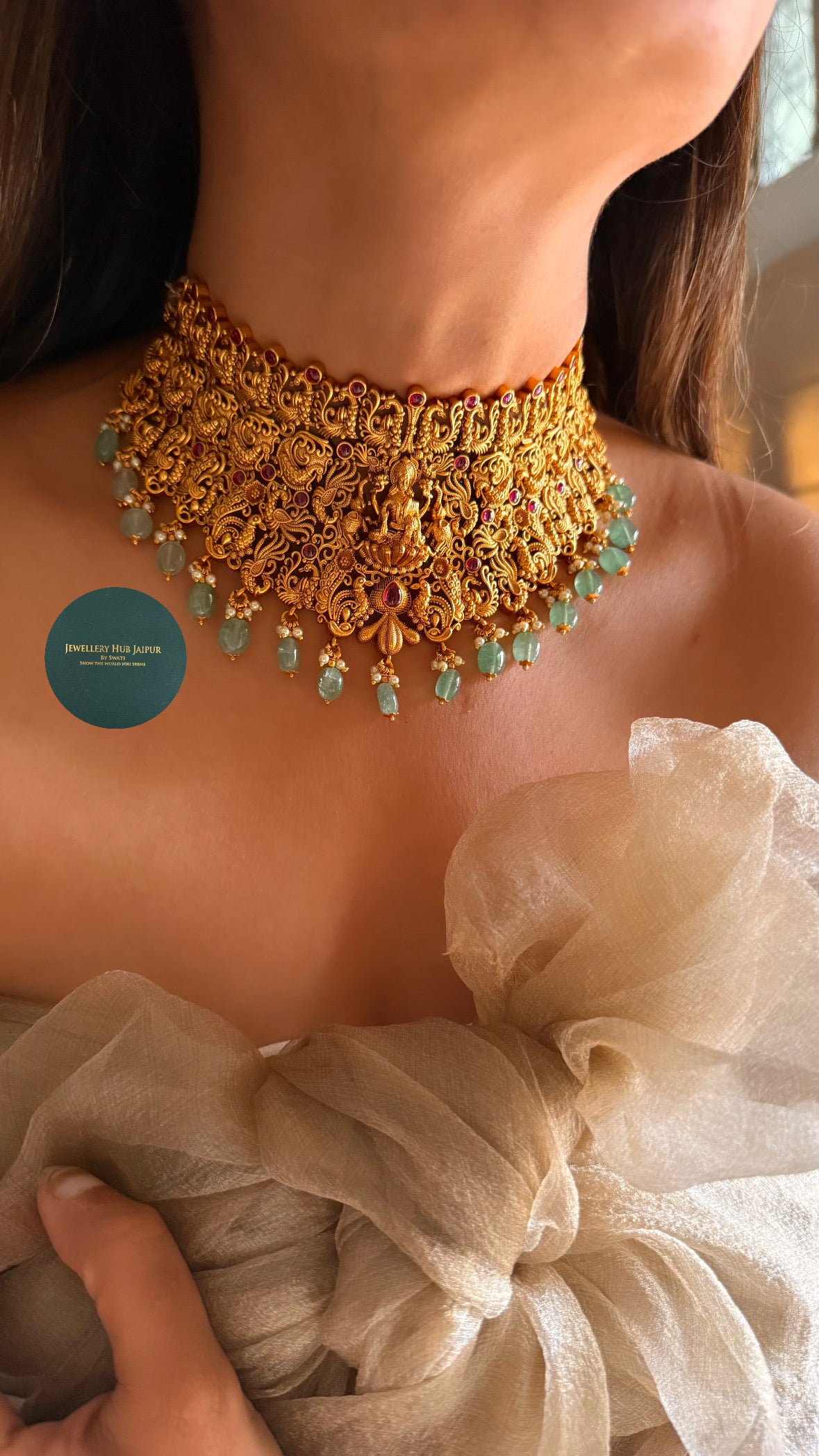 Goddess laxmi with ruby & mint drops choker set
