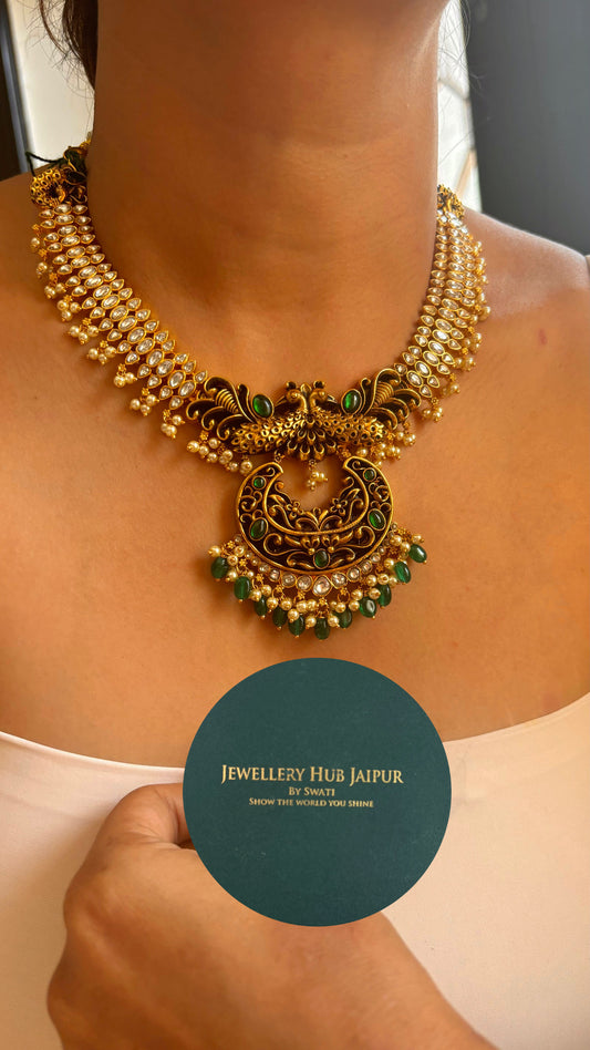 Emerald black meenakari Peacock polki collar necklace set