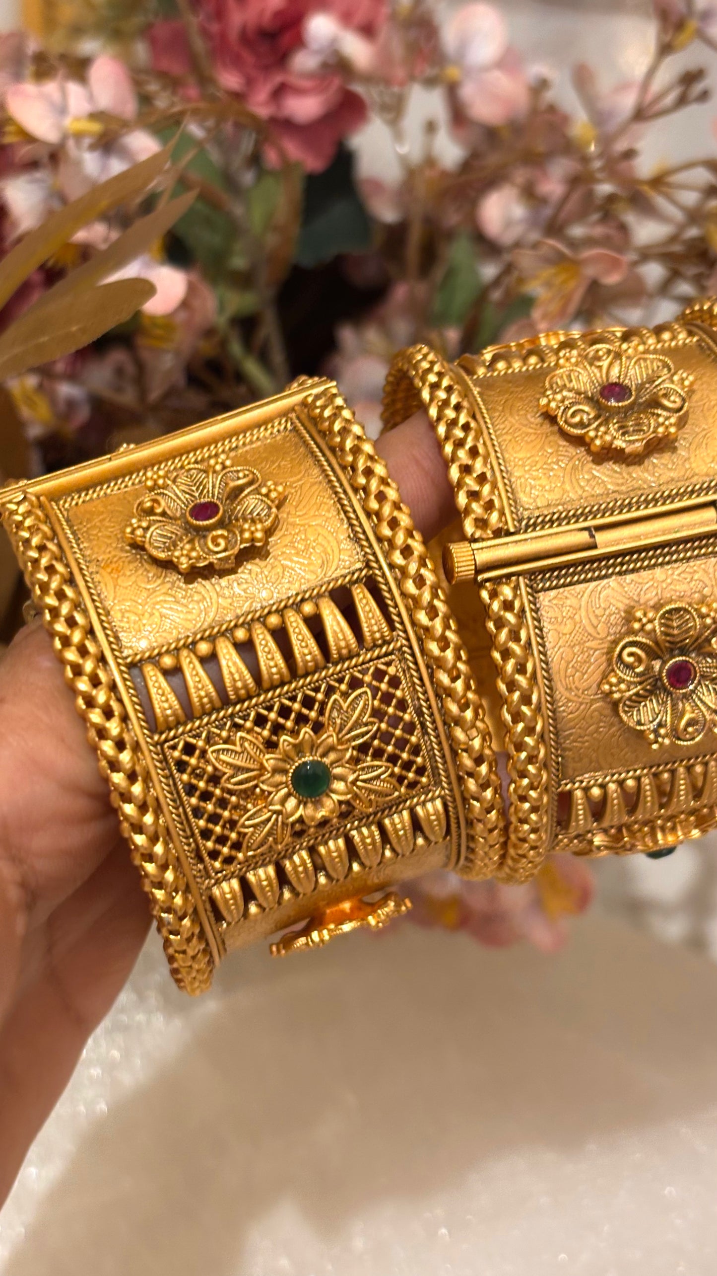 Matte gold floral nakshee wide bangles