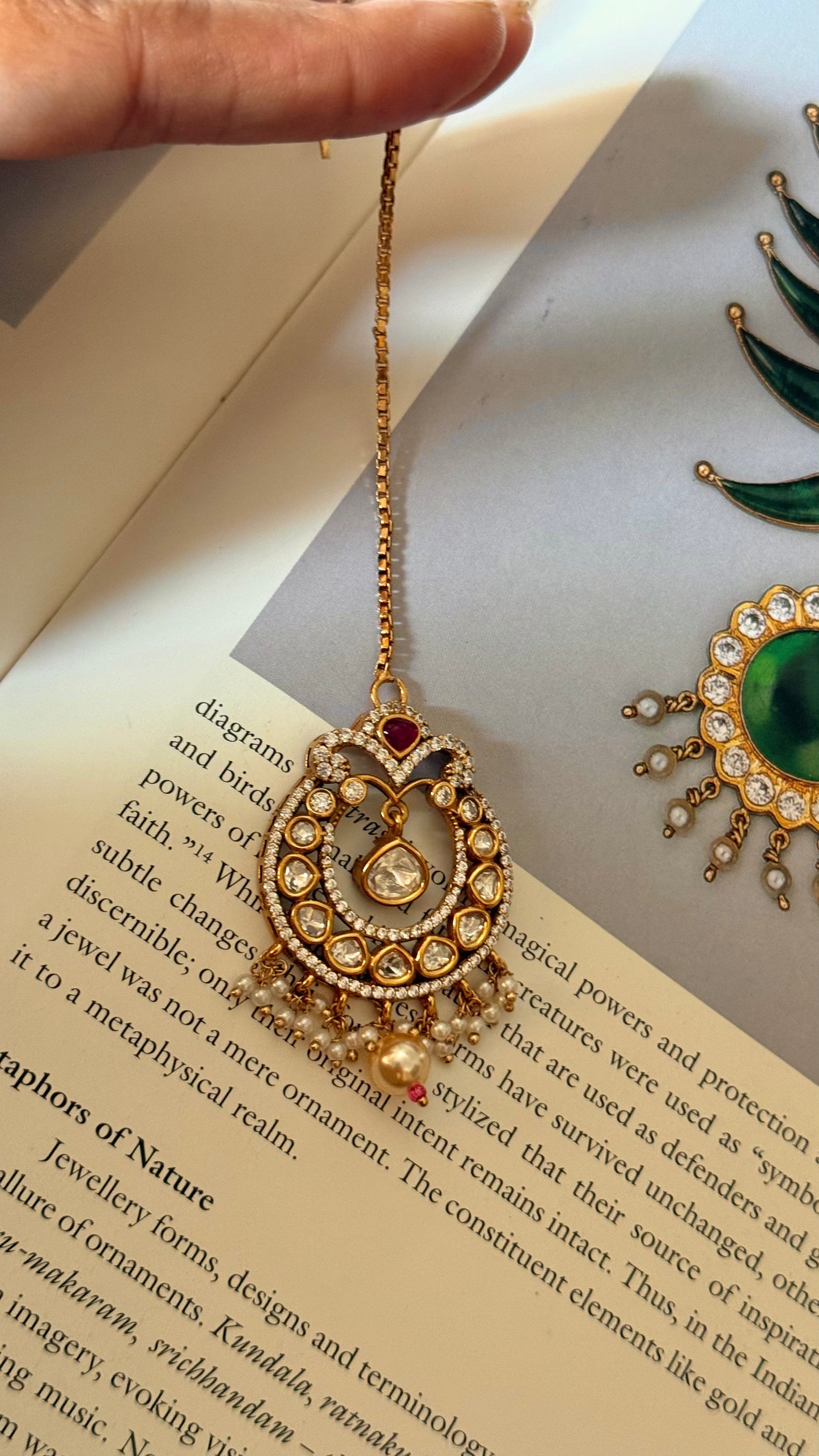 Moissanite polki mangtika with ruby & pearl detailing
