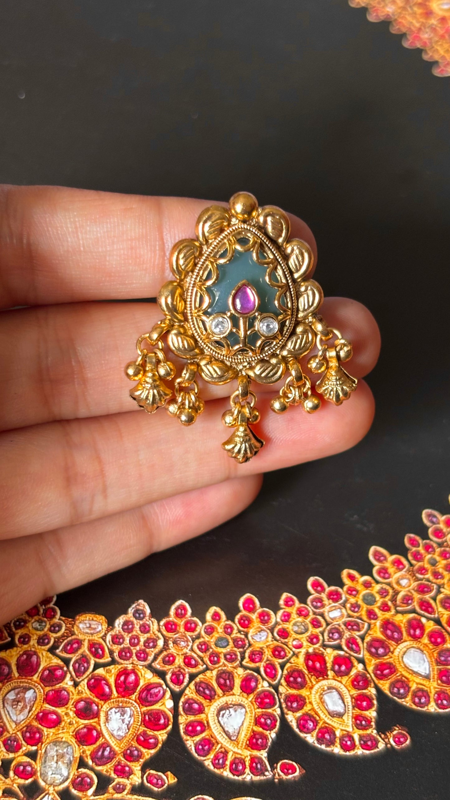 Mint inlay with gungroo drops rajwada adjustable Ring