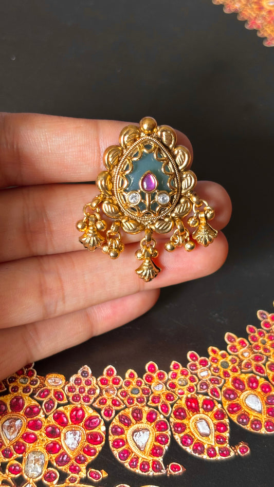 Mint inlay with gungroo drops rajwada adjustable Ring