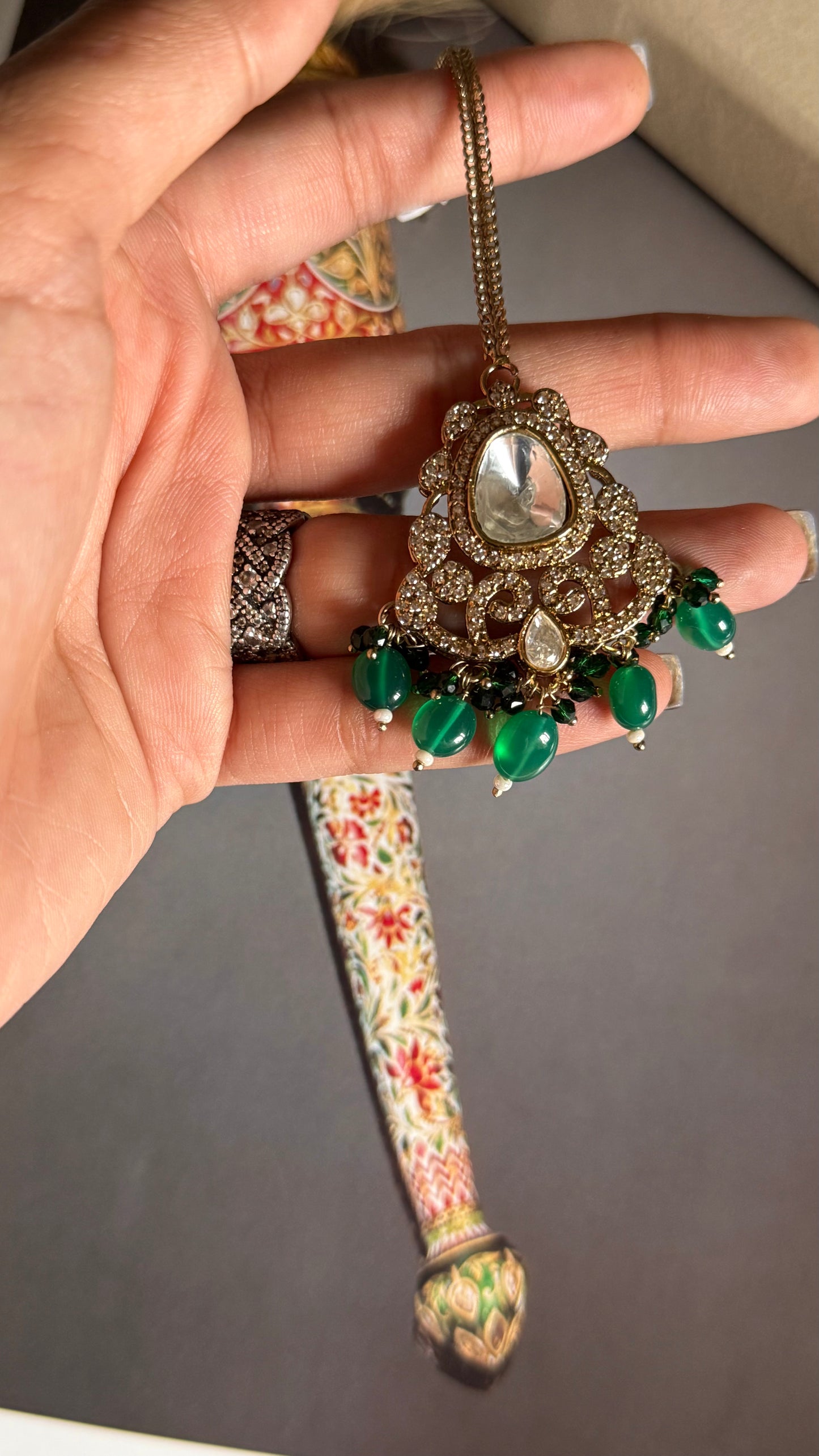 Moissanite polki emerald beads maangtika