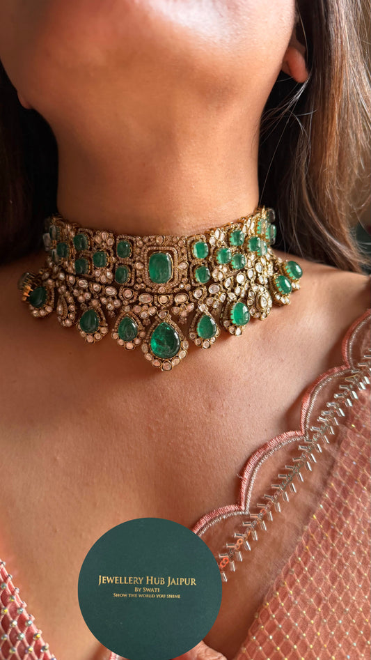 Emerald doublet moissanite polki choker set