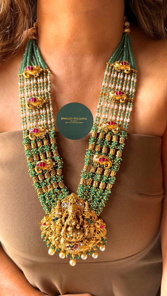 Goddess laxmi paachi kundan long temple necklace