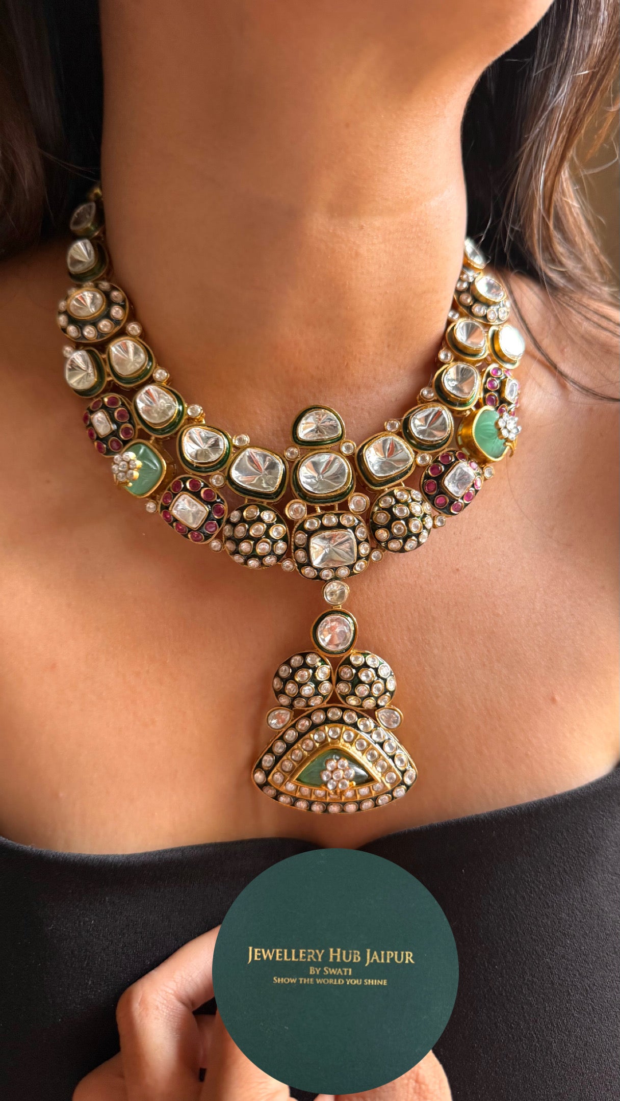 Ruby & emerald Meenakari carving with uncut polki bridal Necklace