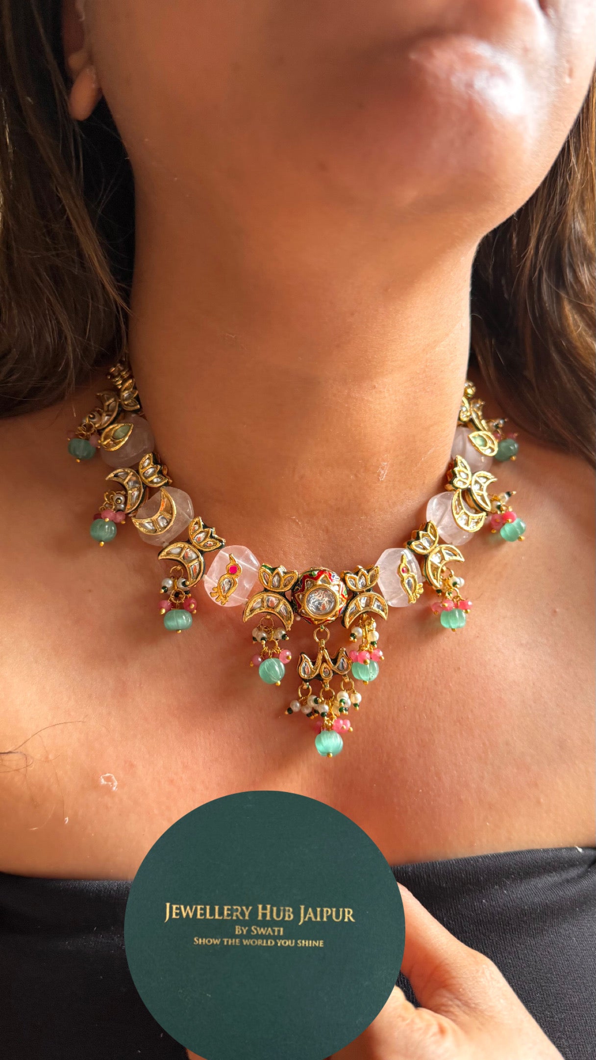 Rose quartz inlay carving with mint drops meenakari collar Necklace