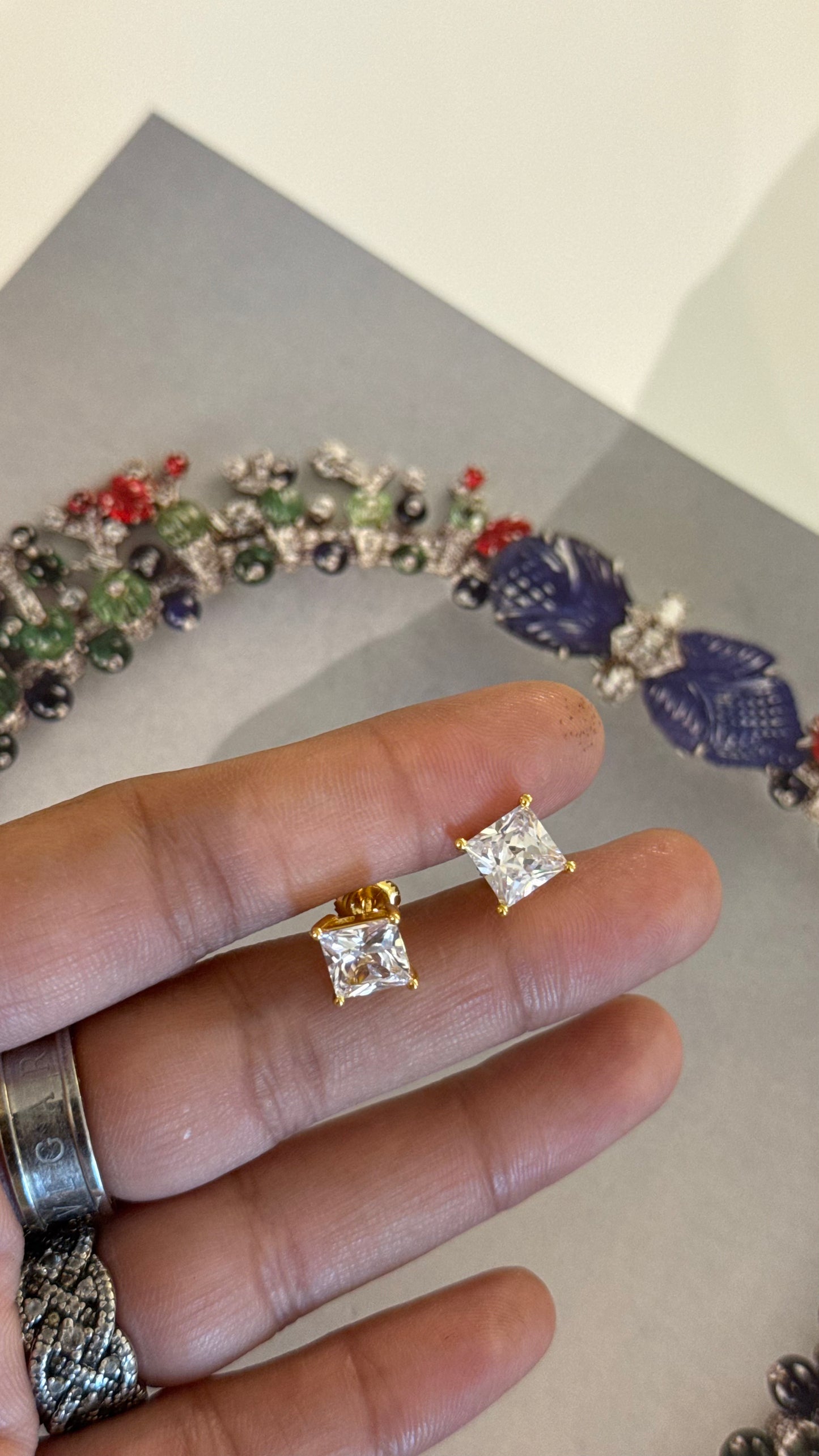 Emerald cut diamond studs ( Gold plated)