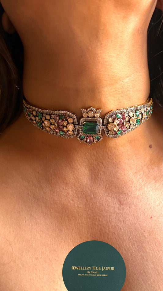 Real Swarovski Multicoloured & emerald doublet polki choker