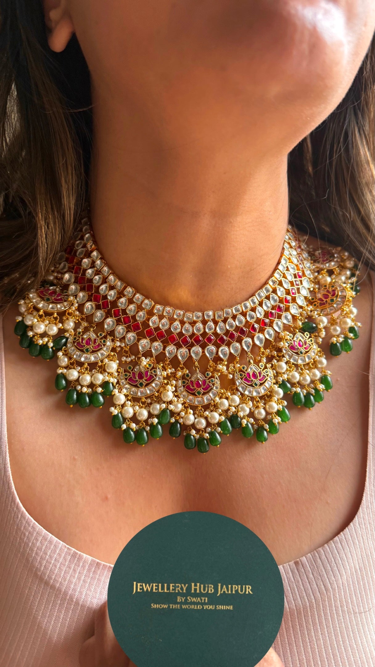Lotus inspired emerald & Rani pink handmade Paachi Kundan jadau collar necklace