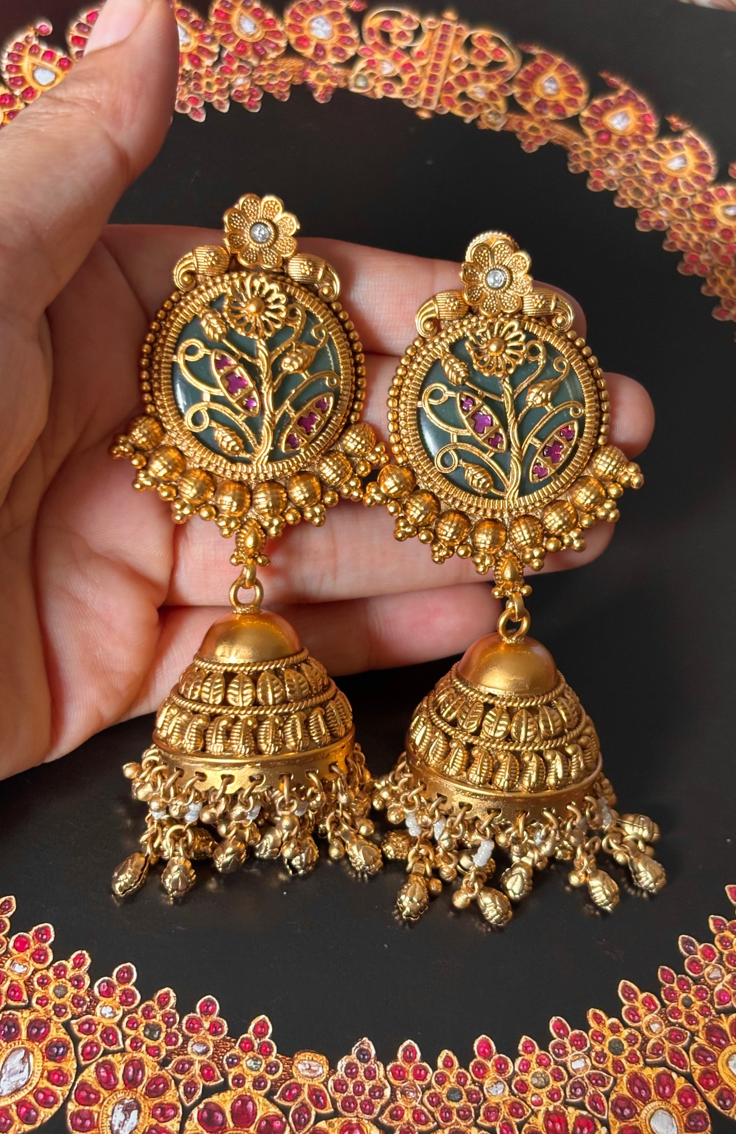 Mint inlay nakashi rani pink golden jhumki earrings