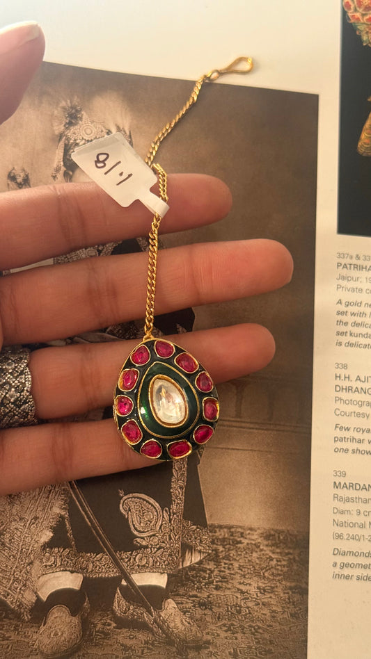 Rani pink emerald meenakari tear drop  maangtika