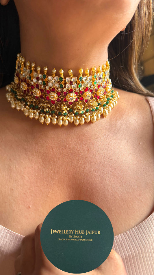 Emerald & ruby Paachi Kundan with tear drops choker necklace