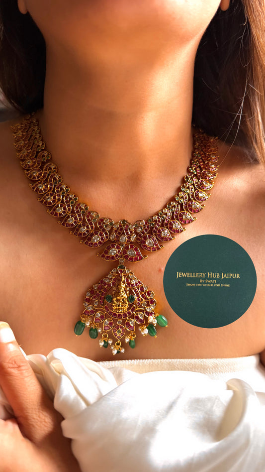 Detachable Goddess laxmi rani pink & emerald with emerald & pearl drop temple collar set