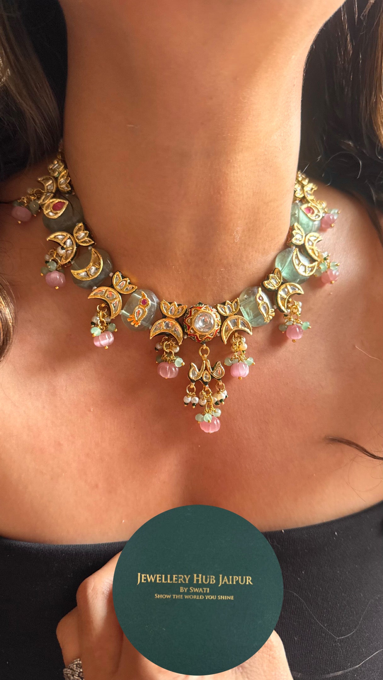 Meenakari mint inlay with rose quartz drop collar Necklace