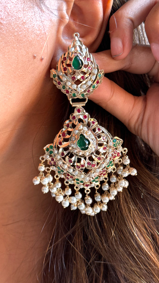 Emerald & Ruby heritage danglers with pearl detailing