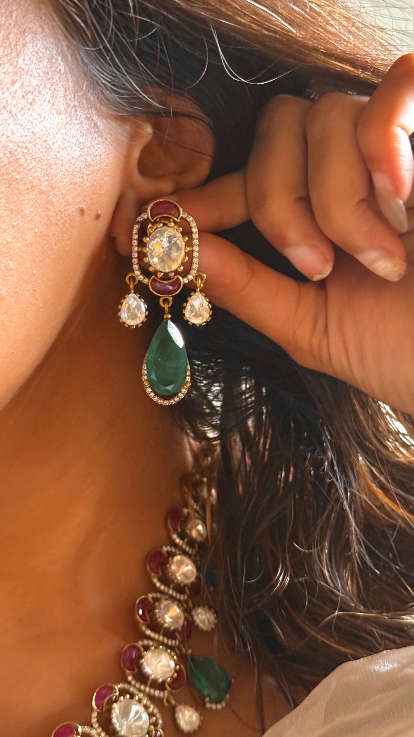 Emerald doublet drop with ruby katdana polki collar set