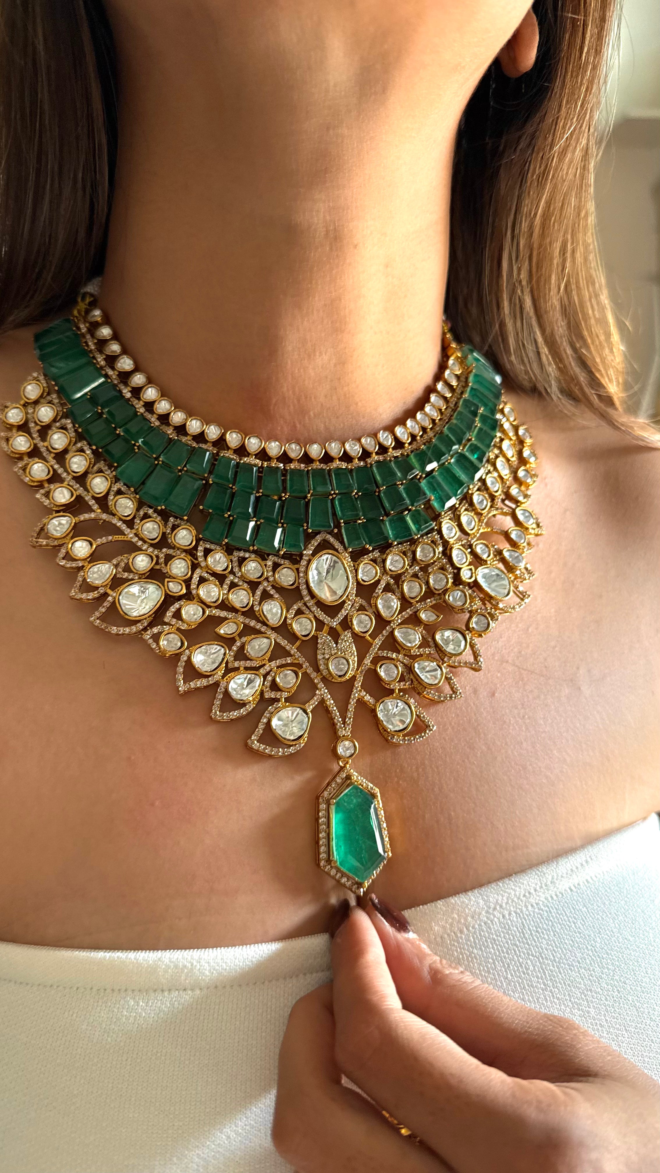 Emerald doublet & moissanite leaves designer set