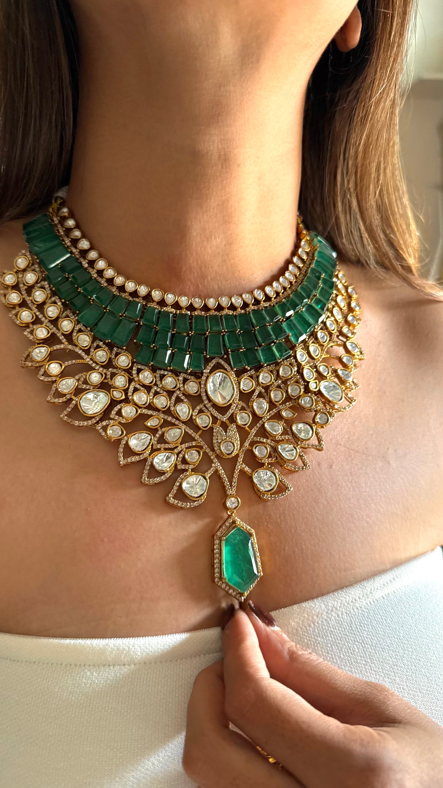 Emerald doublet & moissanite leaves designer set