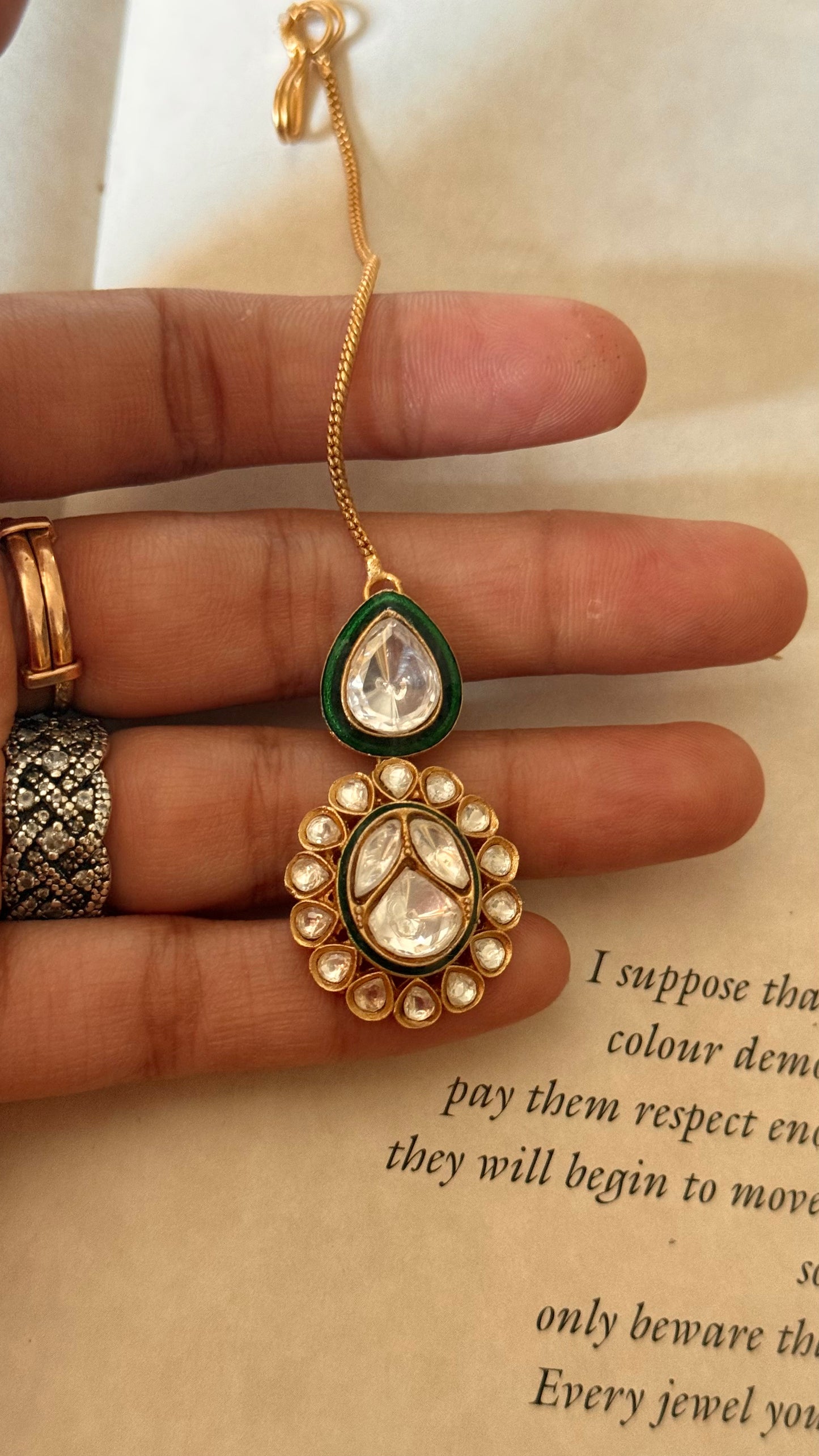 Emerald meenakari polki maangtika
