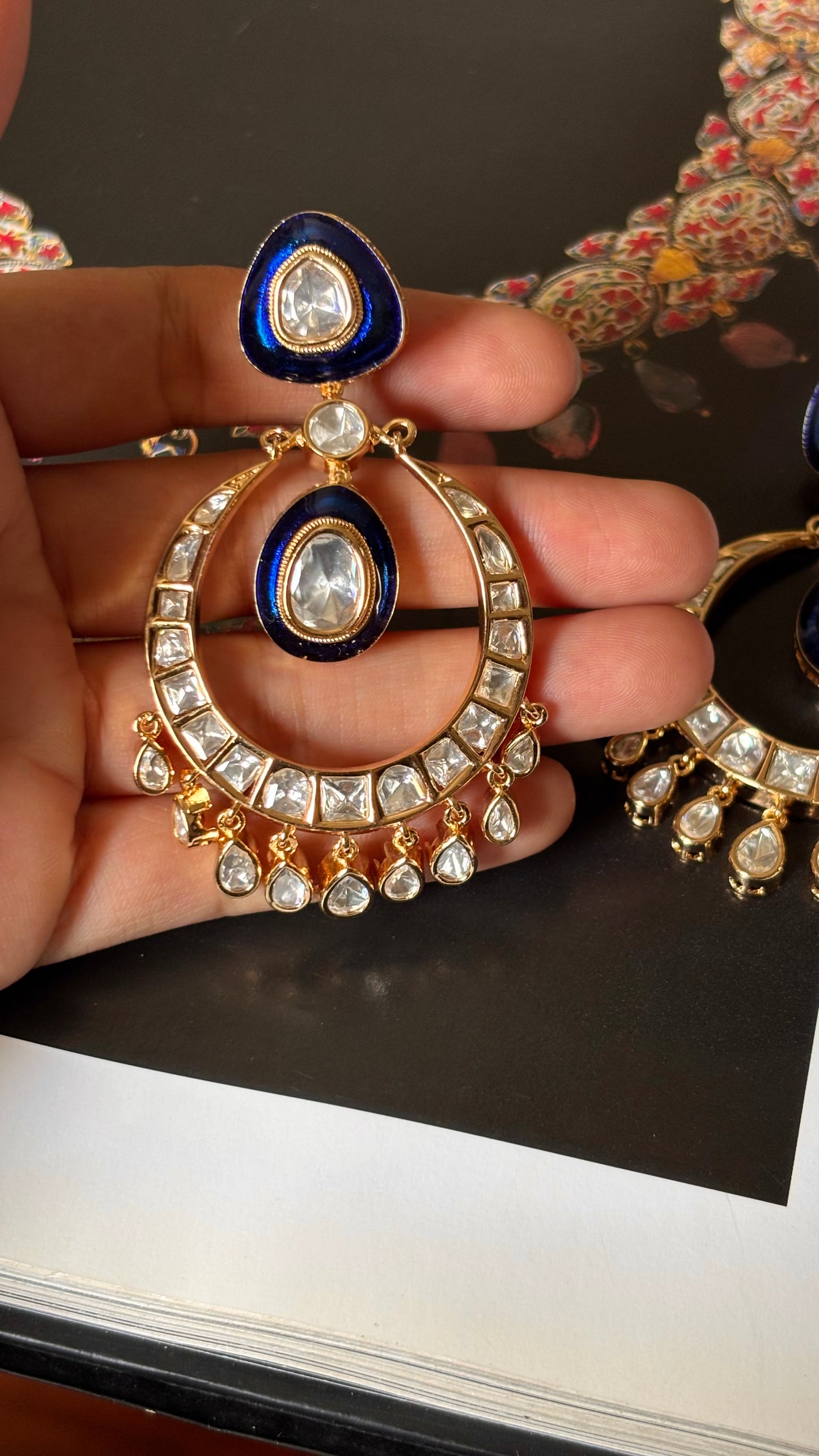 Sapphire meenakari with uncut polki Chandbali earrings