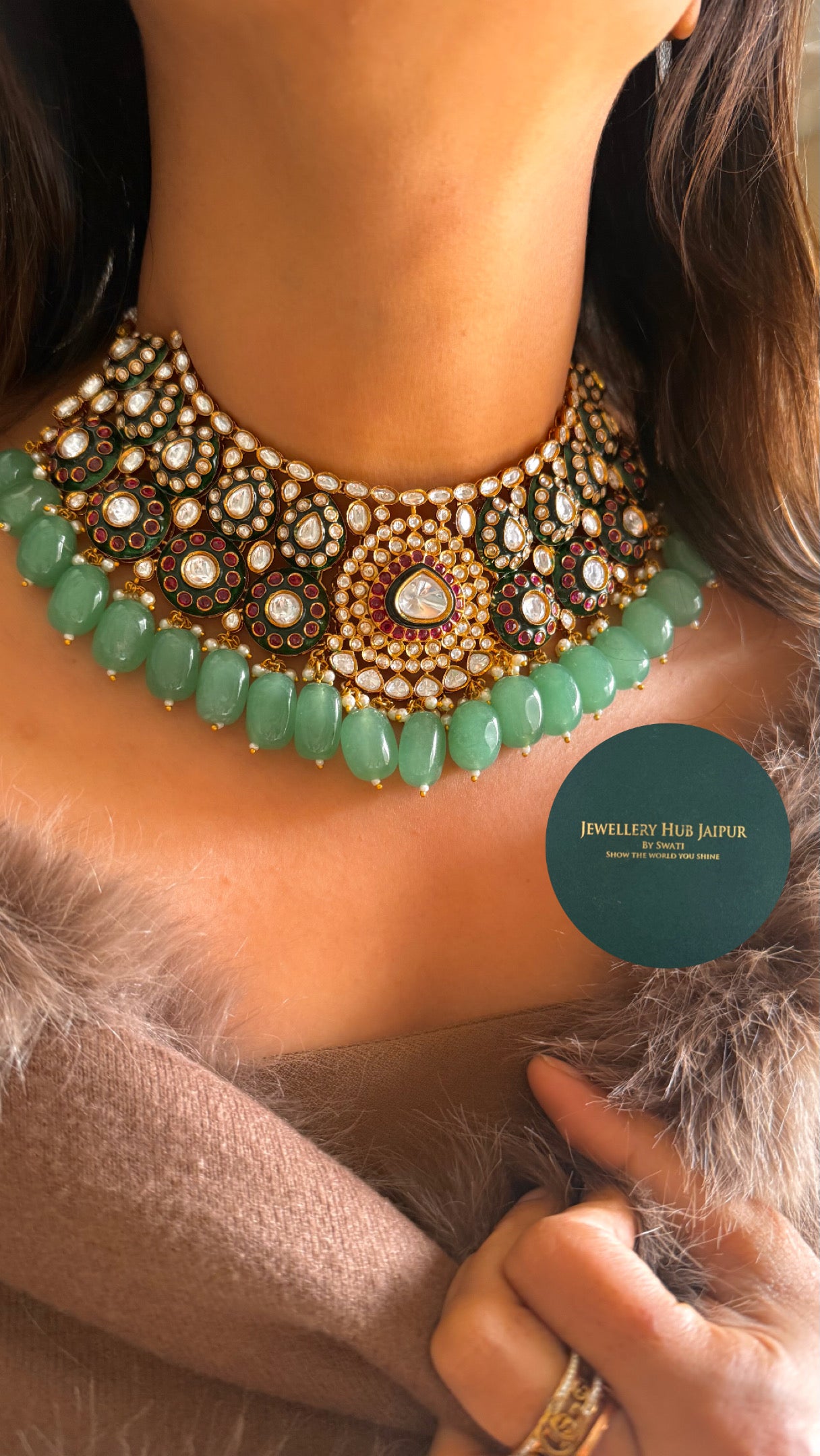 Ruby & emerald meenakari choker with mint drops