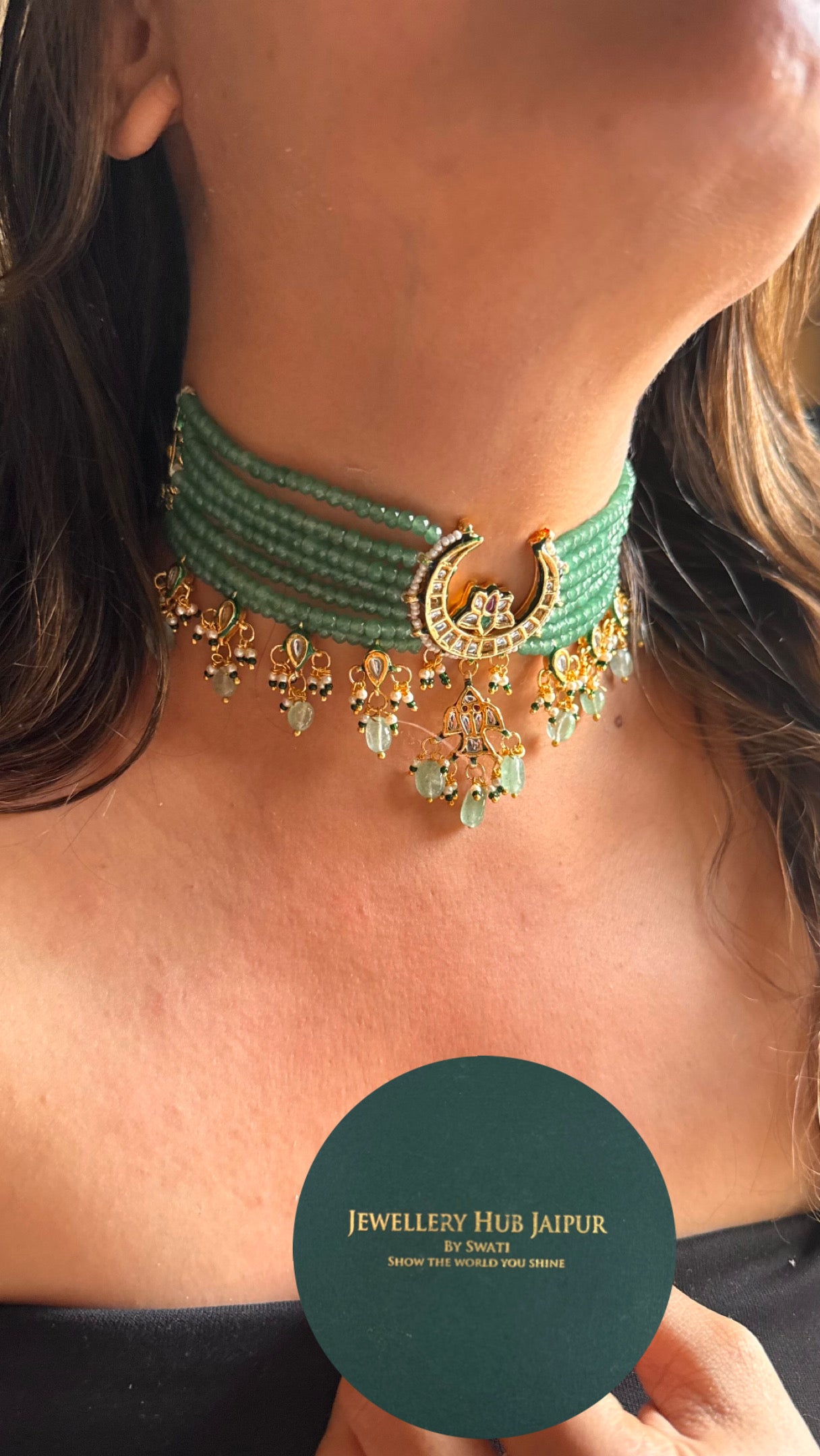 Half moon Meenakari work mint drops choker Necklace